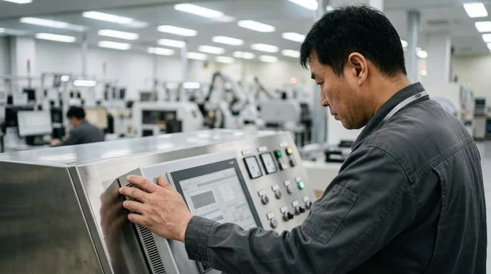 A Korean factory worker checking a fanless industrial PC on a control panel in a manufacturing plant.