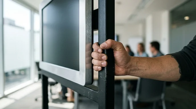 Close-up of a Korean technician's hand gripping the metal structure of a mobile digital signage stand in a meeting room.