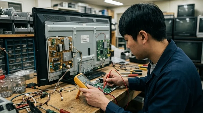 A Korean technician checking internal components on the back of a broken television with a multimeter.