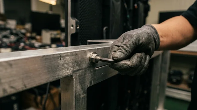 Close-up of a Korean technician's gloved hand securing a metal bolt into an LED cabinet frame.