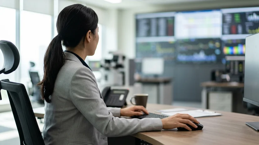 A Korean female operator viewed from over the shoulder using a mouse at a desk in a bright control room.