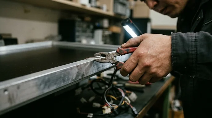 A technician's hand holding a wire stripper near the metal edge of a large frame.