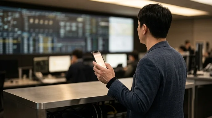 A Korean manager holding a mobile device facing a display board in a control room.
