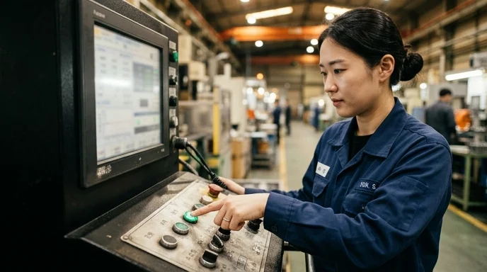 A Korean factory worker pressing a button on an industrial controller below a panel monitor in a manufacturing plant.
