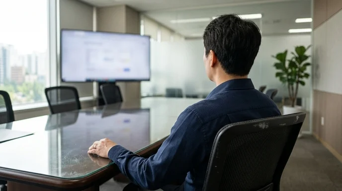 Back view of a Korean man sitting far from a large display in a meeting room.