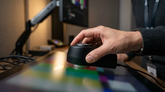 An expert's hand placing a color calibration device on the display surface to set up the physical environment.