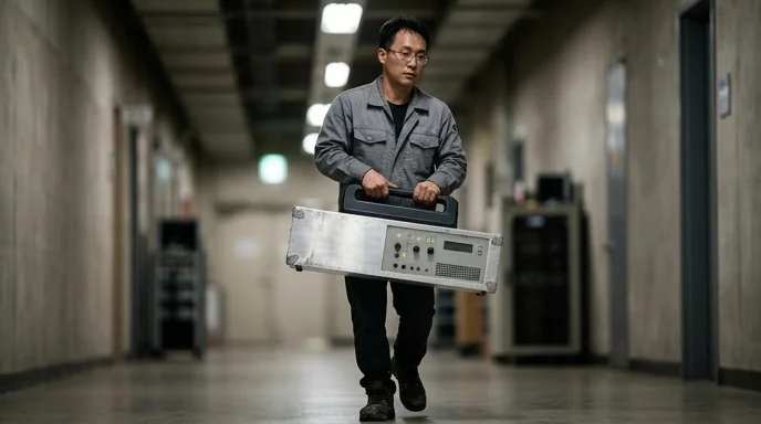 A technician carries a worn metal AV processor down a facility hallway.
