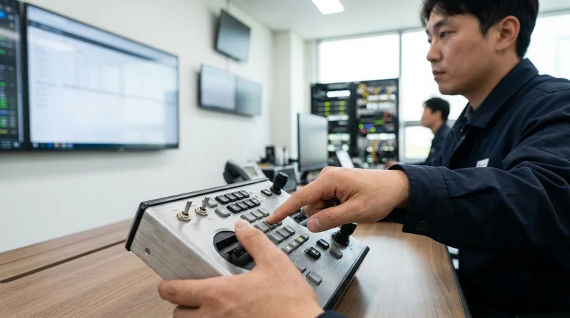 A Korean operator's bare hand operating the buttons on a controller for real-time remote management.