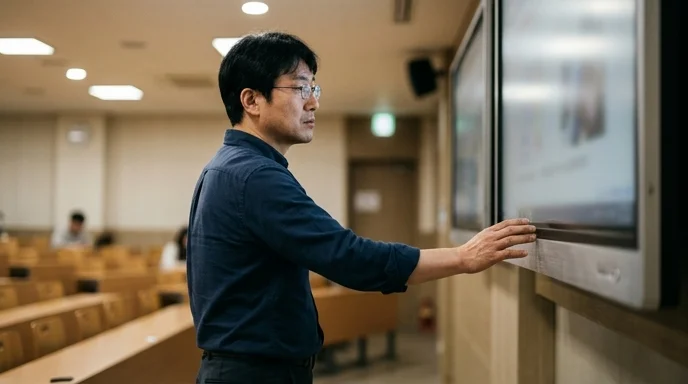 A Korean instructor standing in a lecture room touching the edge of a large display.