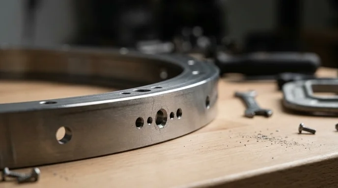 Close-up of the curved cross-section of a steel screen frame chassis reflecting a thin specular highlight.