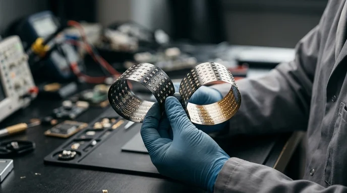 A technician's hands holding two flexible LED module samples bent in opposite directions over a workbench.
