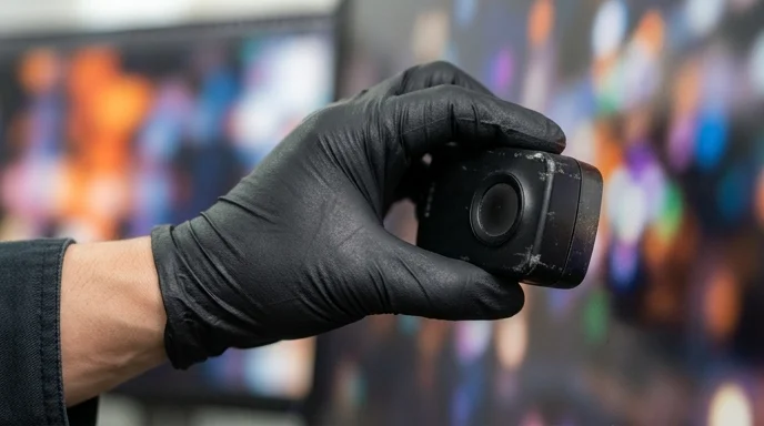 A Korean technician's gloved hand pressing a color calibration device against a blurred screen surface.
