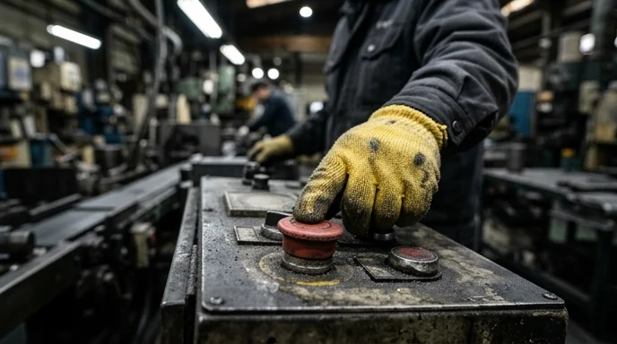 A Korean worker's hand wearing a thick safety glove pressing a worn button on a control console.