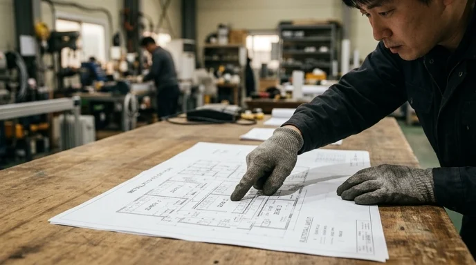 A Korean engineer's gloved hand pointing at a printed installation floor plan resting on a wooden table.