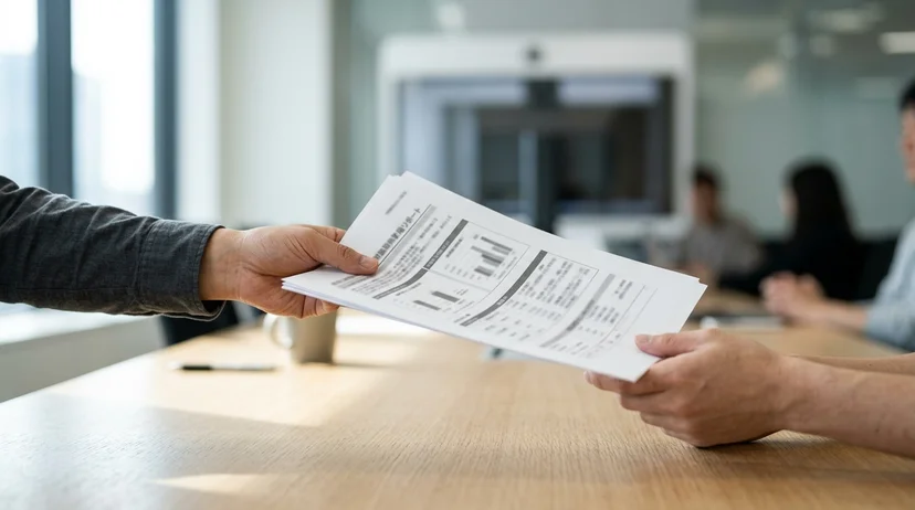 An employee's hand handing over a printed light emission report across a meeting table with a display behind.