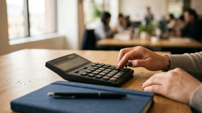 A planner's hand pressing a calculator button next to a blurred notebook.