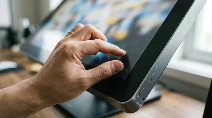 A Korean user's fingers performing a pinch-to-zoom gesture on a large display surface.