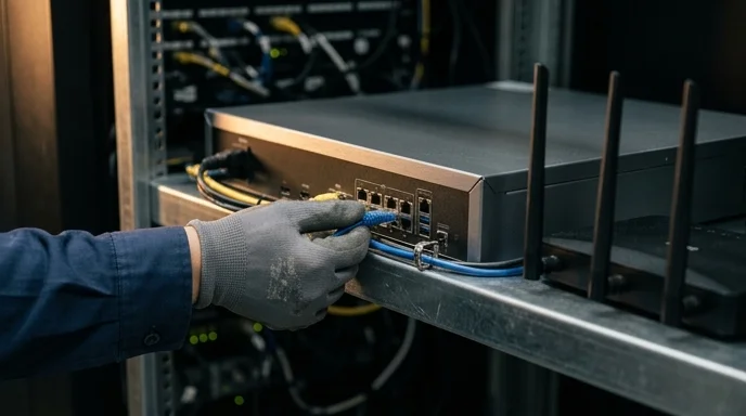 An engineer's hand organizing cables around a media server on a clean metal rack.