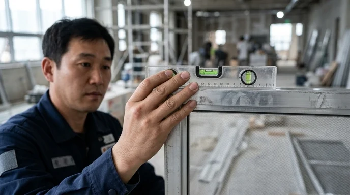A Korean technician's hand placing a spirit level against a transparent mesh screen frame.