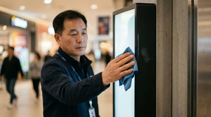 A maintenance worker wipes the edge of a vertical digital signage on a retail pillar.