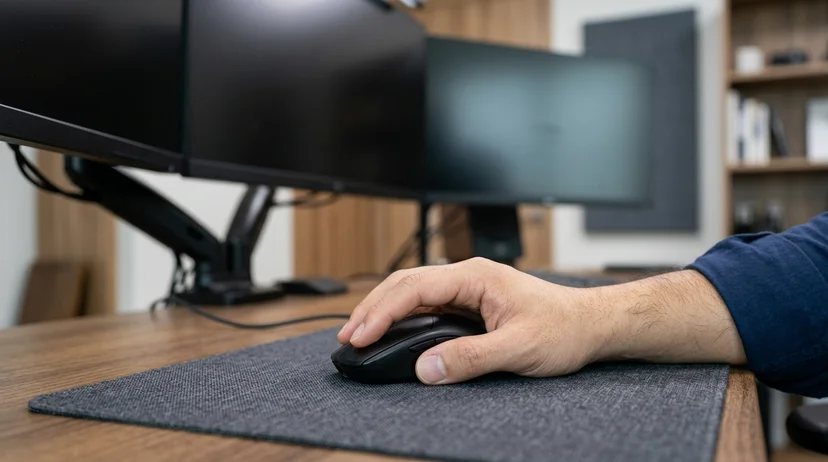 A Korean man's hand gripping a computer mouse in a multi-display environment.