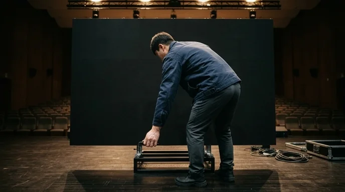 A Korean technician viewed from behind adjusting the bottom panel of a large display on an auditorium stage.