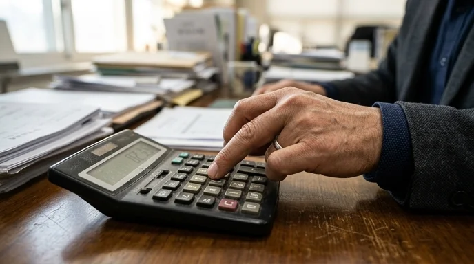 A Korean principal's hand pressing buttons on a worn calculator on a wooden desk.