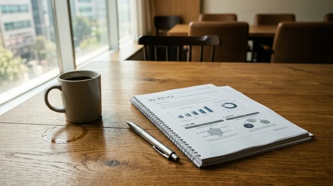Printed presentation documents and a pen lying on a wooden conference table.