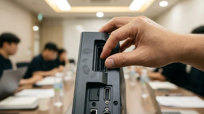 An administrator's hand touching the clean rear slot of a controller unit without tangled cables.