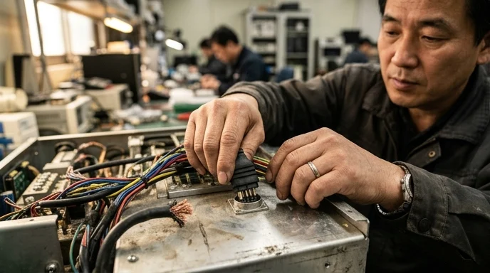 A Korean technician's hands connecting wiring behind a front module.