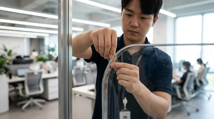 A worker's bare hands bending and applying a flexible clear screen film onto a curved glass partition in a bright office.
