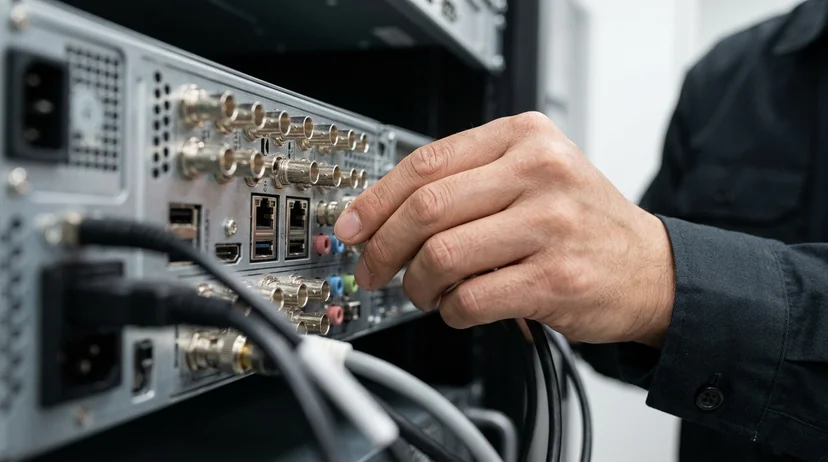 Close-up of a technician's hand checking the input and output ports on the rear panel of a media server.