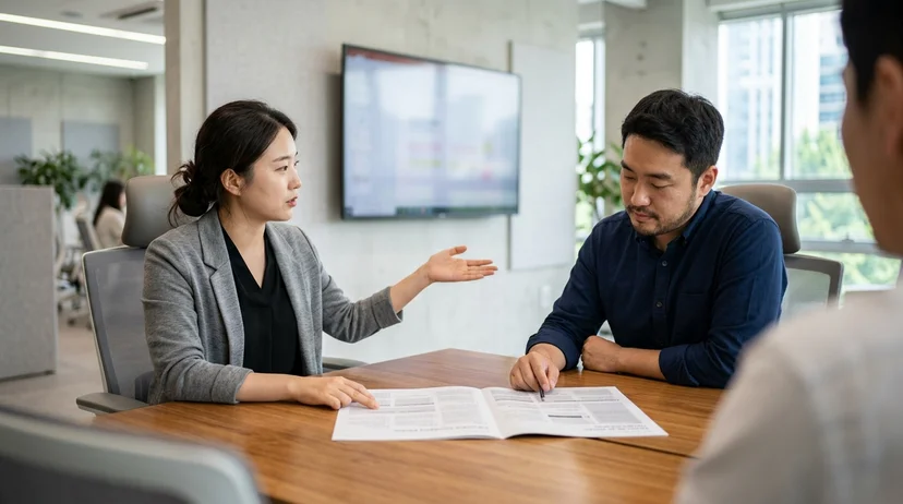 Two colleagues discussing a layout at a table, one guiding an open palm toward a display board.
