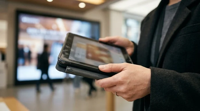 A designer holding a tablet with the display completely out of focus.