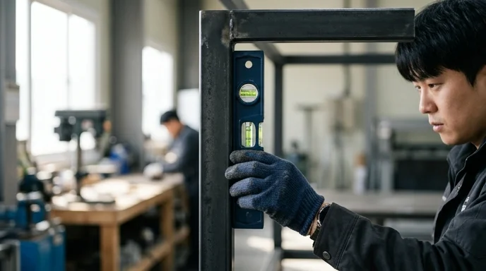 A Korean technician's gloved hand holding a spirit level against a display frame.