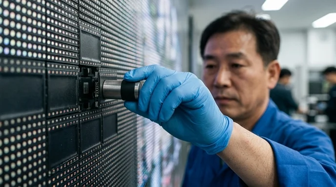 A Korean technician's gloved hand detaching an LED pixel module using a magnetic tool.
