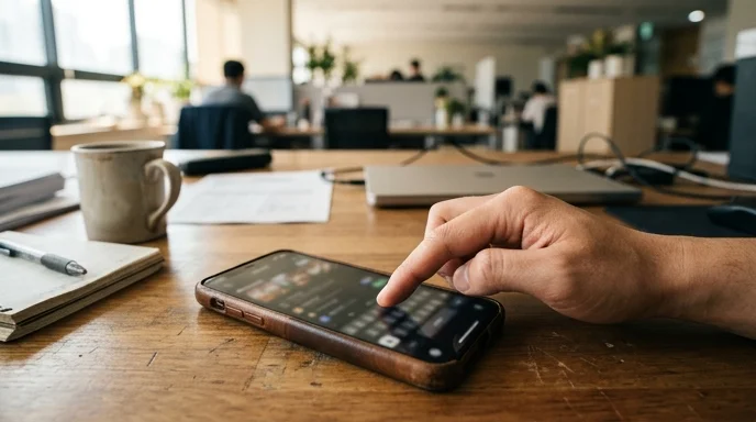 A Korean office worker's hand tapping a third-party keyboard app on a smartphone on a desk.