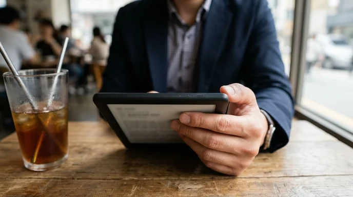 A Korean sales representative's hand holding the edge of a thin e-ink device on a cafe table.