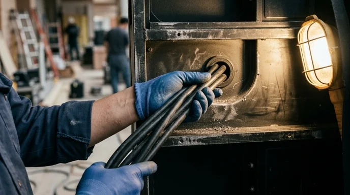 A Korean engineer's gloved hands routing thick cables through the rear metal frame of an LED cabinet.