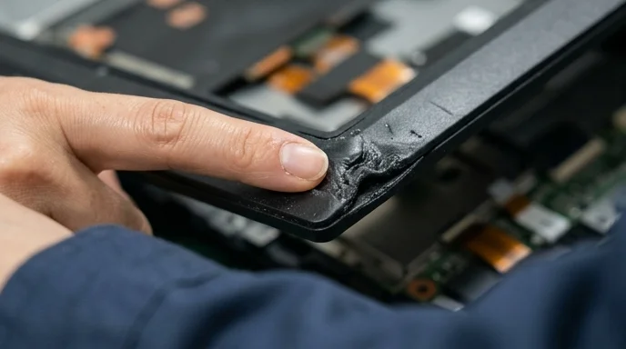 A finger touching the melted edge of a screen frame structure.