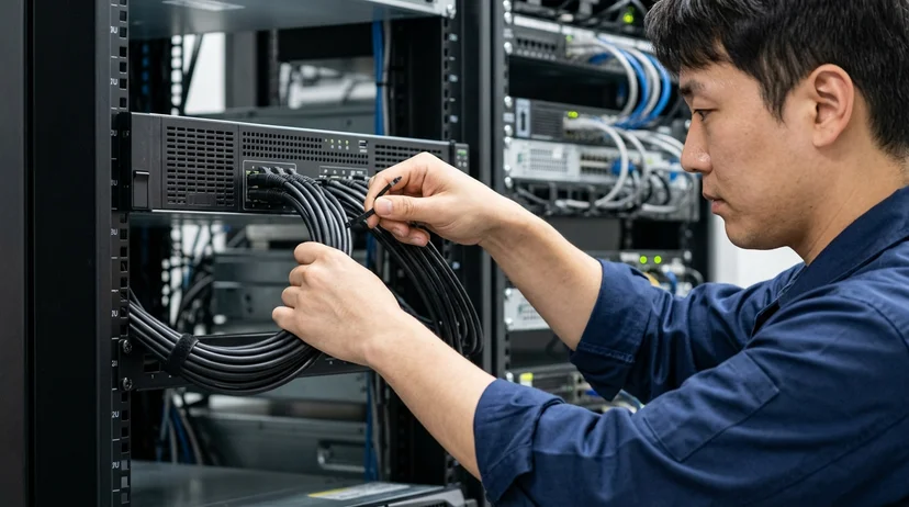 A technician's hands neatly tying audio cables together behind a media server inside a server rack.