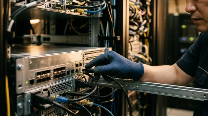 A technician's gloved hand checking the connection ports of a controller on a rack.