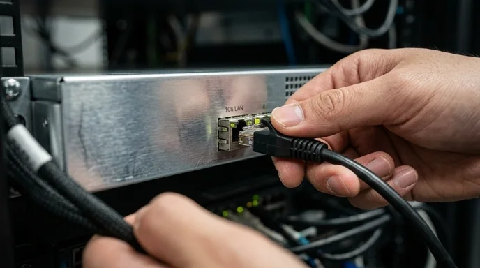 A Korean administrator's hands connect a cable to the port of a media server in a server rack.