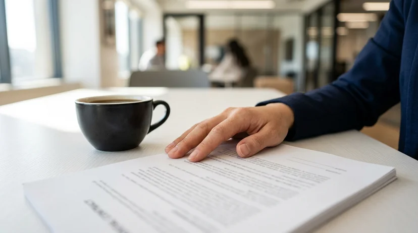 A Korean staff member's hand resting on a document on a white meeting table in a bright room.