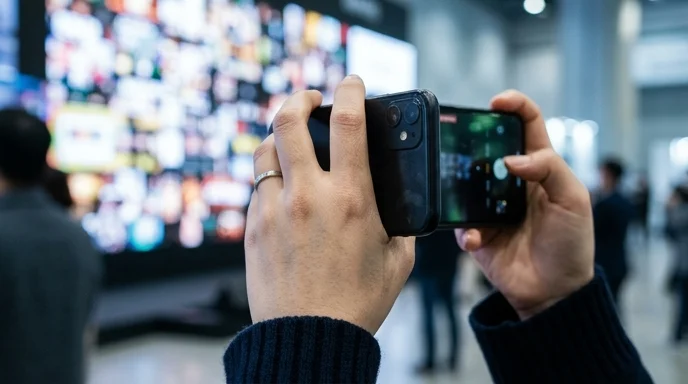 Hands hold a smartphone recording an out-of-focus LED display in the background.