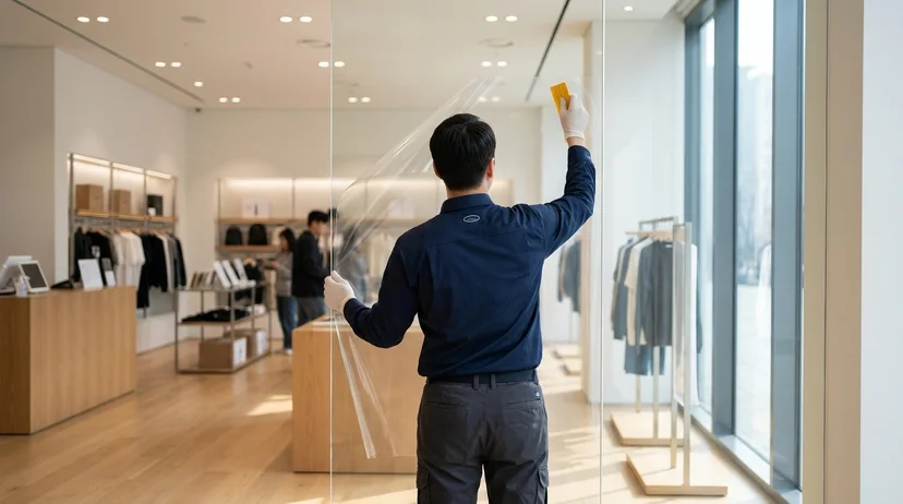 A technician viewed from behind applying a clear display film onto a glass window in a retail store under soft daylight.