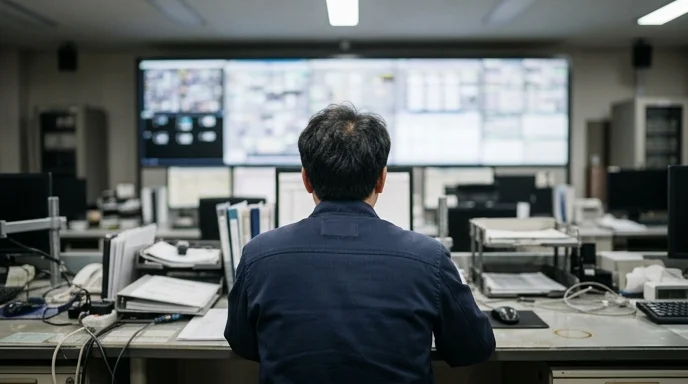 Back view of a Korean operator looking at a large status board in a control room.