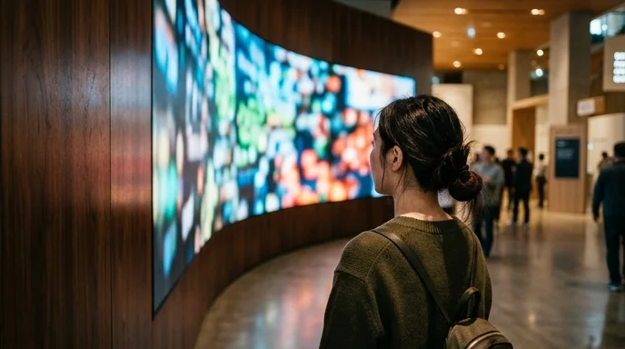 A Korean woman looking at a curved large screen wrapping around a corner in an exhibition hall from over the shoulder.