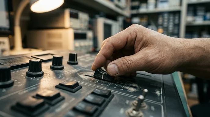 An engineer's hand adjusting a fader on a dusty control console.