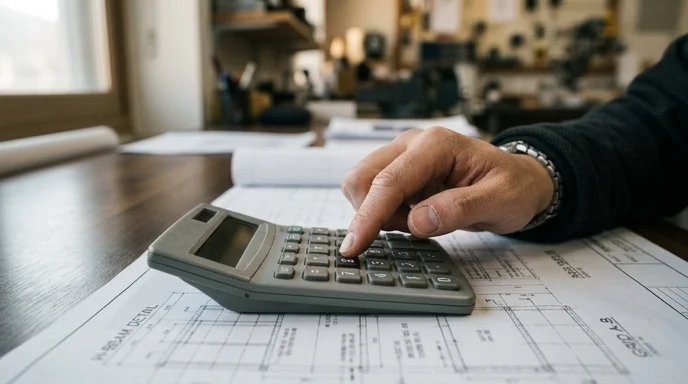 A technician's finger presses the keys of a calculator placed on an architectural blueprint.